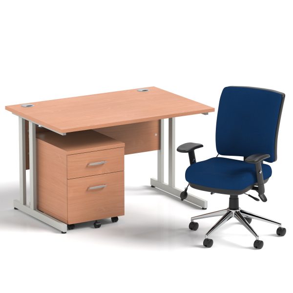 Pulse 1200mm Cantilever Straight Desk With Mobile Pedestal and Chiro Medium Back Blue Operator Chair