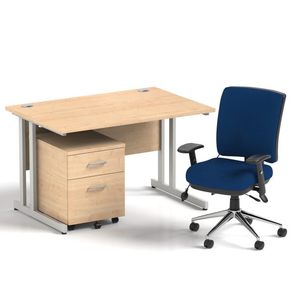 Pulse 1200mm Cantilever Straight Desk With Mobile Pedestal and Chiro Medium Back Blue Operator Chair - Image 2