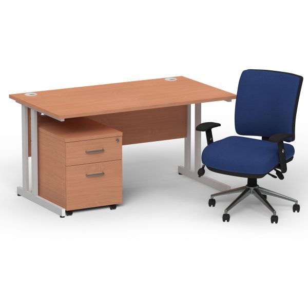 Pulse 1400mm Cantilever Straight Desk With Mobile Pedestal and Chiro Medium Back Blue Operator Chair