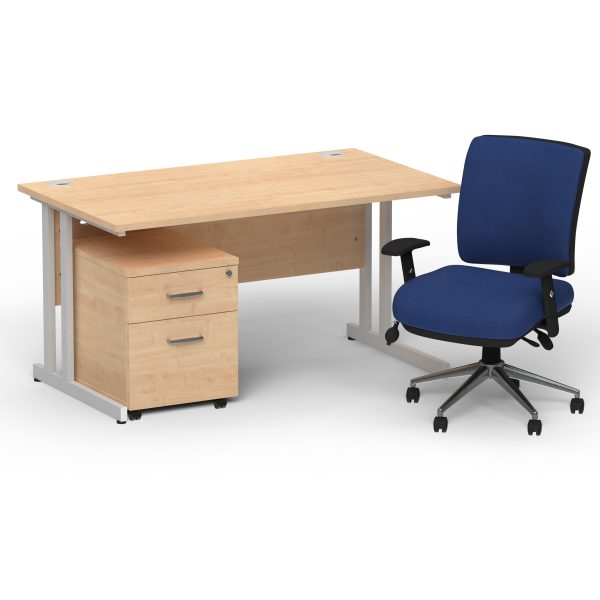 Pulse 1400mm Cantilever Straight Desk With Mobile Pedestal and Chiro Medium Back Blue Operator Chair - Image 2