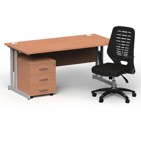 Pulse 1600mm Cantilever Straight Desk With Mobile Pedestal and Relay Black Back Operator Chair - Image 13