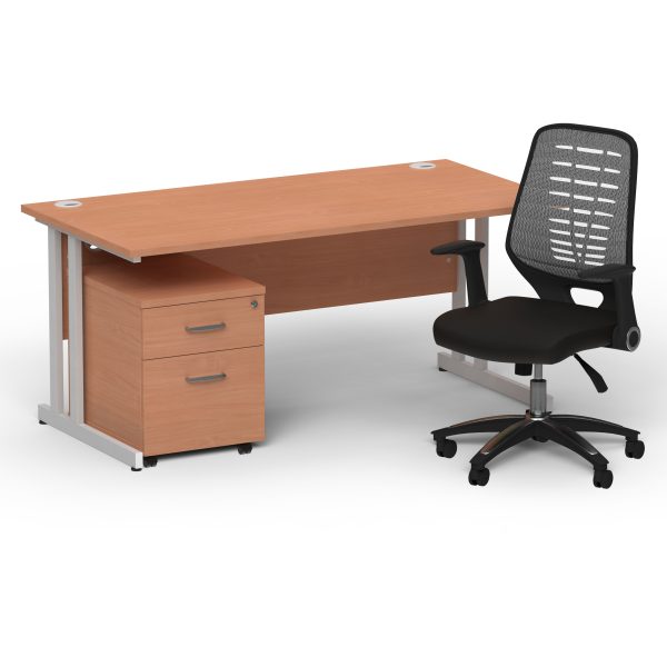 Pulse 1600mm Cantilever Straight Desk With Mobile Pedestal and Relay Silver Back Operator Chair