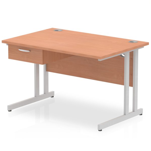 Pulse Cantilever Straight Desk Silver Frame With Single One Drawer Fixed Pedestal