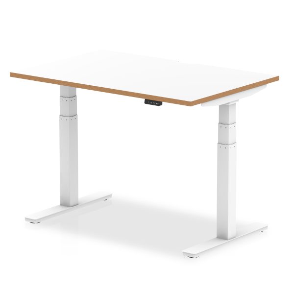 Solo Air Height Adjustable Desk White Top Natural Wood Edge White Frame
