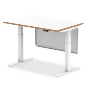 Solo Air Height Adjustable Desk White Top Natural Wood Edge White Frame with White Steel Modesty Panel