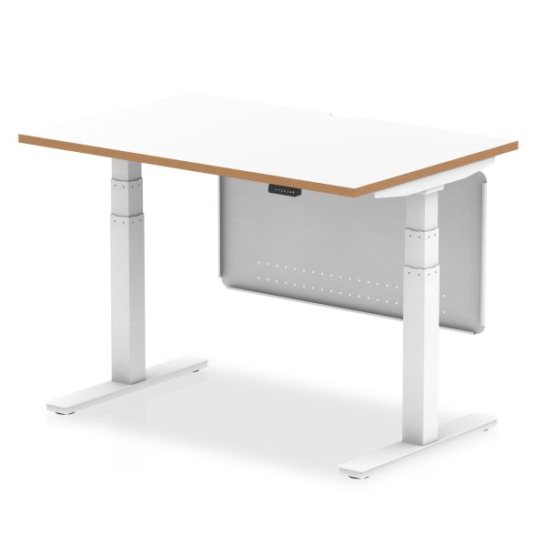 Solo Air Height Adjustable Desk White Top Natural Wood Edge White Frame with White Steel Modesty Panel