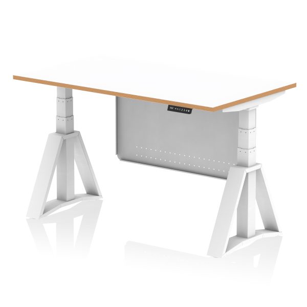 Solo Air Height Adjustable Desk White Top Natural Wood Edge White Frame with White Steel Modesty Panel - Image 5